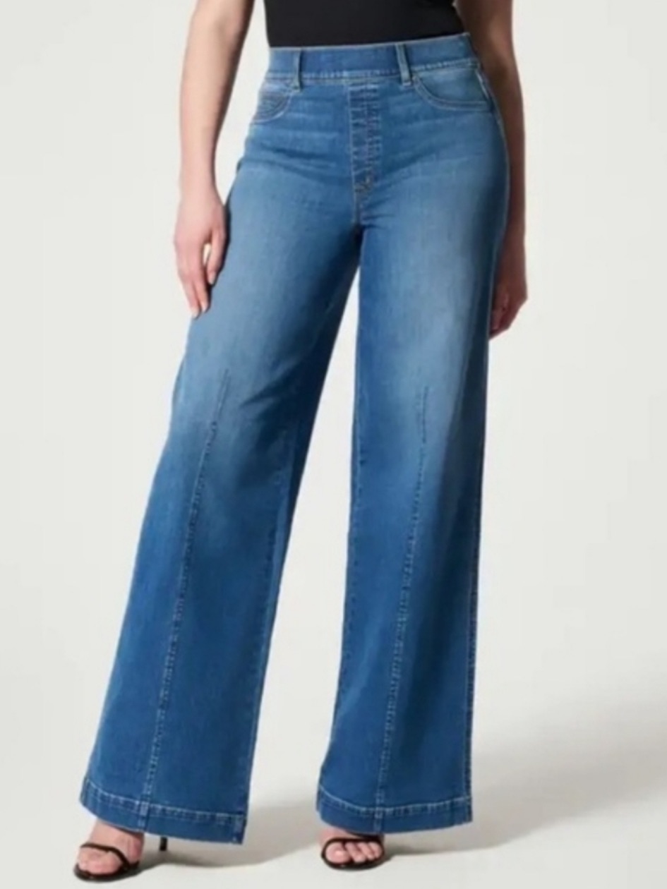 Spanx Wide-Leg High-Rise Jeans In Medium Blue